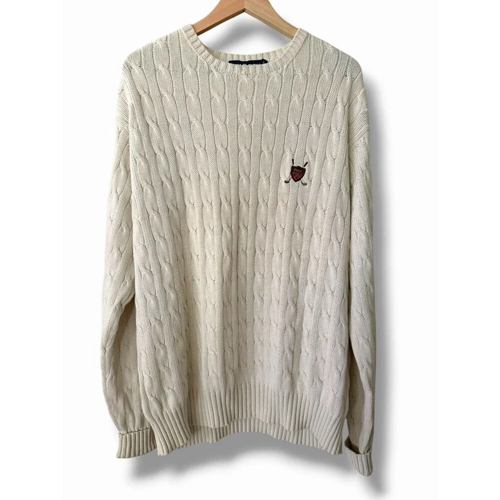 Vintage 1990s Polo Golf Ralph Lauren Cable Knit Sweater Beige XL Plaid Crest